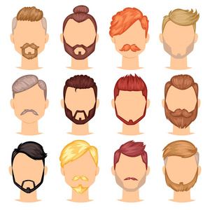 理发的胡须矢量 portraite 在理发店和嬉皮士脸上有刺胡子的男人理发男人似的发型在白色背景下被隔离