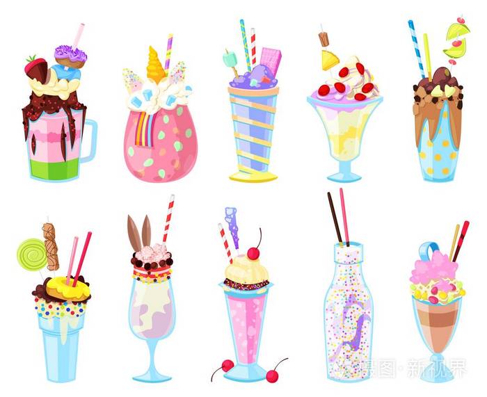 奶昔矢量健康冰淇淋饮料在玻璃或新鲜牛奶饮料混合在瓶例证集冰淇淋汁