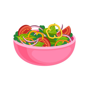 美味的蔬菜沙拉, 粉红色的陶瓷碗.美味健康的食物.有机产品的菜肴.