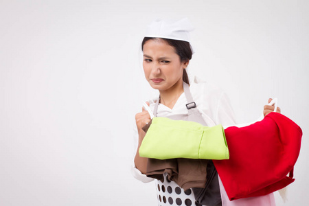  portrait of domestic helper, woman housekeeper, sad woman maid 