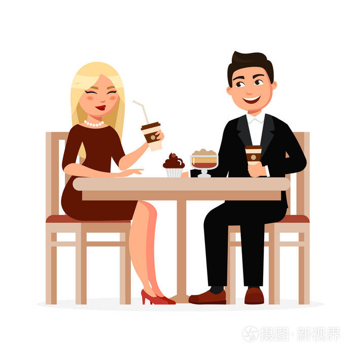 年轻夫妇喝咖啡与甜点在咖啡馆有咖啡休息和聊天向量平的例证.