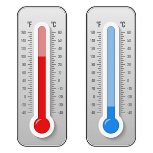 创造性矢量插图的摄氏华氏气象温度计刻度隔离在背景上。 热热冷的迹象。 艺术设计设备。 天气温度。 抽象概念图形。