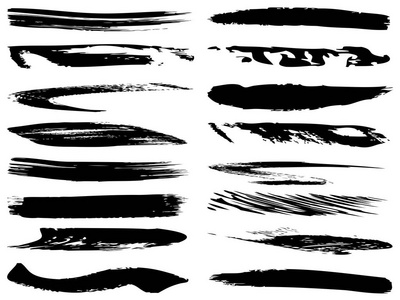 矢量收集艺术粗糙的黑色油漆手制作创意画笔笔画设置隔离在白色背景上。 一组用于设计教育或平面艺术装饰的抽象草图