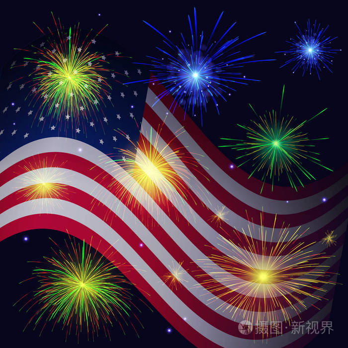 美国国旗和庆祝蓝金绿红色烟花矢量背景 独立日7月4日假期敬礼贺卡 插画 正版商用图片125th7 摄图新视界 美国国旗和庆祝蓝金绿红色烟花矢量背景 独立日7月4日假期敬礼贺卡 插画 正版商用图片125th7 摄图新视界