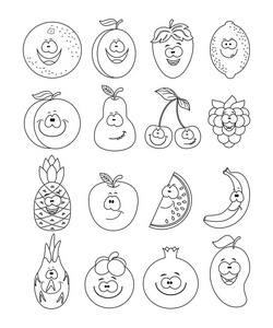 无色的一套不同的水果.桃子, 柠檬, 西瓜, c插画