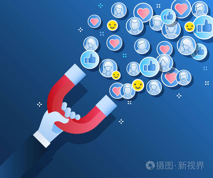 吸引追随者,客户和客户到企业的概念. 手握磁铁在蓝色背景上.