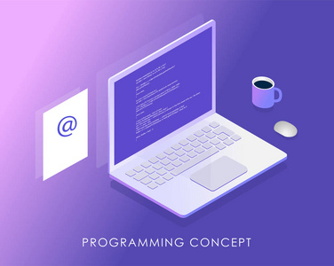 软件开发和编程, 程序代码在笔记本电脑屏幕上, 收入信和一杯咖啡。大数据处理, 等距向量图