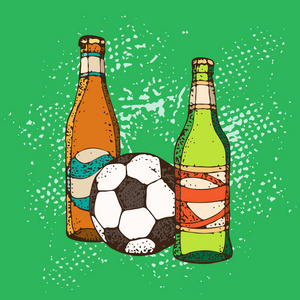 矢量手绘插图啤酒瓶和足球孤立在白色背景。 足球酒吧的图形纹理。 参加啤酒派对或观看体育比赛的网络海报邀请。