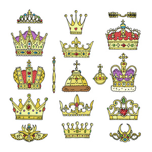 皇冠矢量金色皇家首饰象征国王皇后和公主的标志加冕王子权威组冠 jeweles 在白色背景下隔离