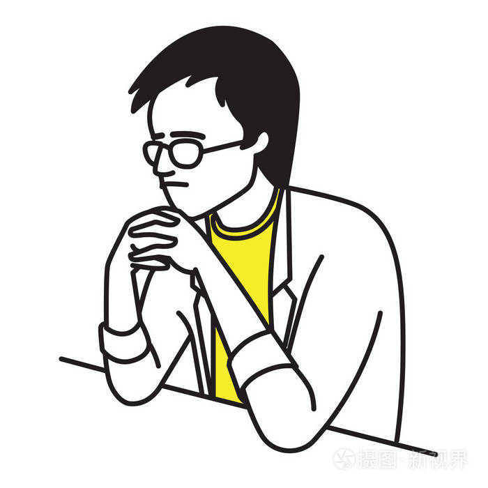 桌子上双手紧握在下巴上表情严重担忧轮廓轮廓线手绘草图设计简单风格