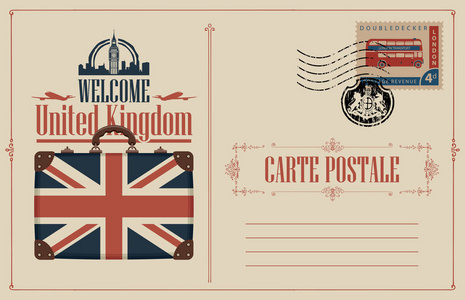 伦敦国旗带有手提箱,英国国旗和大本钟的复古明信片.