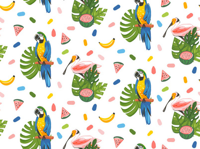 手绘矢量抽象卡通夏季时间图形插图与巨嘴鸟鸟类, 西瓜, 香蕉水果和异国情调的热带棕榈叶在白色背景下的艺术无缝图案