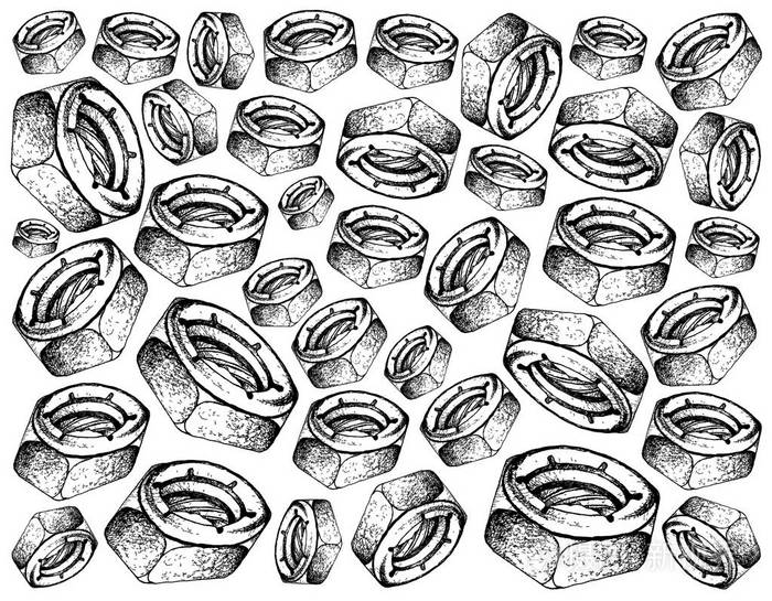 制造和工业,尼龙插入锁螺母或尼龙螺母的素描壁纸背景.