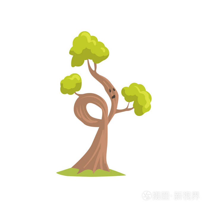 卡通树带着忧伤的表情具有绿色叶子的人性化植物自然元素为森林风景