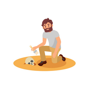 胡子头骨考古学家坐在单膝上,从沙土中清理人类头骨.小胡子用刷子.