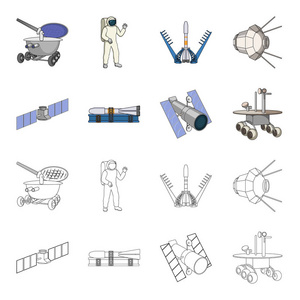 空间站在轨道上, 发射火箭的准备, 月球探测器的表面。空间技术集合图标在卡通, 轮廓风格矢量符号股票插画网站