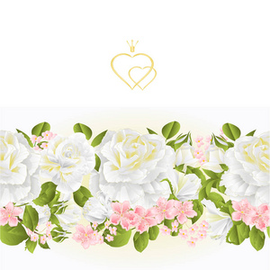 花边框无缝背景白玫瑰，复古矢量插图，用于室内设计，艺术品，菜肴，服装，包装，贺卡。