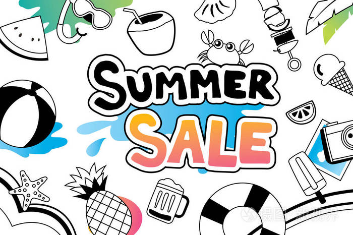 插画 夏季销售与涂鸦图标和设计在白色背景. 手绘风格的广告模板.