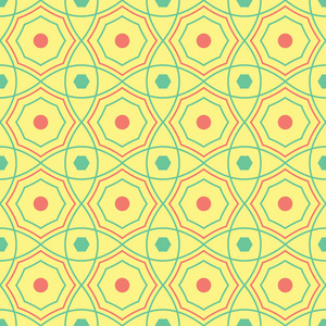 具有几何形状元素的无缝背景。 明亮的黄色背景，粉红色和绿色的壁纸纺织品和织物设计