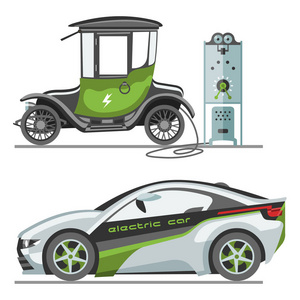 电动车用太阳能电池板生态运输矢量插画汽车插座电动车电池充电器
