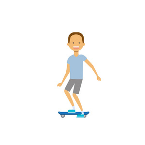 骑电动滑板车的年轻男孩在白色背景。卡通全长字符。平面样式