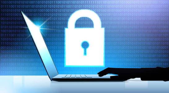 人手手提电脑挂锁数据保护隐私的概念。Gdpr 网络安全网背景。屏蔽个人信息。互联网技术网络连接