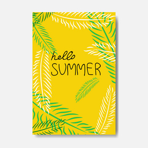 你好夏天棕榈徽章隔离排版设计标签。节日假期字体为标志, 模板, 邀请, 贺卡, 印刷品和海报