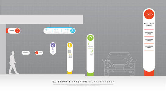 外部和内部标志白色和颜色的概念。 方向杆墙安装和交通标志系统设计模板设置。 标识文本公司标识的空空间