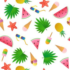 矢量无缝模式。西瓜, 菠萝, 冰淇淋, 眼镜, 海星和棕榈叶在白色背景下分离