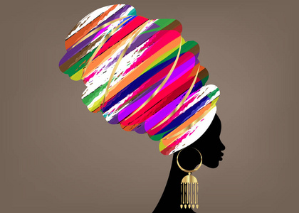 肖像，美丽的非洲妇女，传统头巾，肯特头包，非洲传统的达希基印刷，黑色妇女矢量剪影，孤立的传统黄金耳环，发型概念。