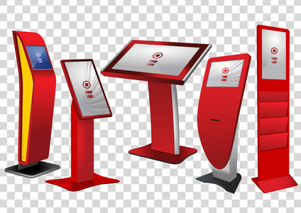 五红促销互动信息亭广告展示终端站触摸屏显示隔离在透明背景上。 模拟模板。