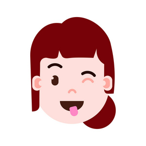 女孩头像 emoji 表情人物图标与面部情感, 头像字符, 妇女显示舌头面孔以不同的女性情感概念。平面设计