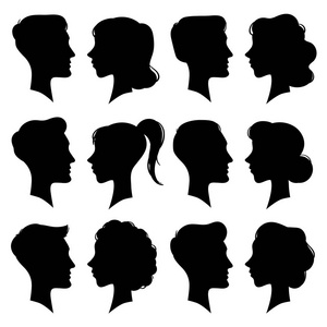 女性和男性面孔剪影在复古浮雕样式。复古女人和男人脸轮廓肖像剪影。人物矢量图标