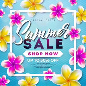 夏季销售设计与花卉和异国情调的叶子在蓝色背景。热带花卉矢量插画特别优惠的版式元素的优惠券, 券, 横幅, 传单, 宣传海报