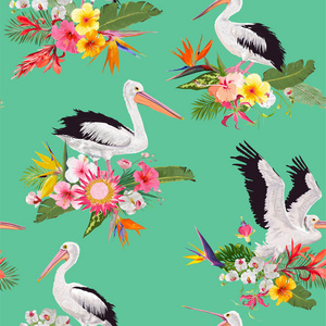 热带自然与鹈鹕和花朵无缝模式。花卉背景与水鸟织物, 纺织品, 墙纸。矢量插图