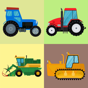 农业工业农用设备机械拖拉机组合与挖掘机矢量图解