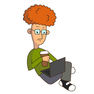 卡通极客在电脑上工作.