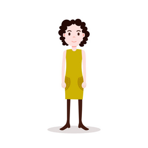 女孩黑发字符严肃的女性黄色礼服模板为设计工作和动画在白色背景全长平的人
