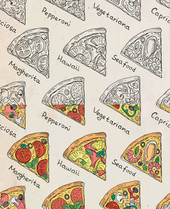 美丽的意大利披萨图案。六片玛格丽塔，夏威夷，意大利香肠，素食和海鲜披萨