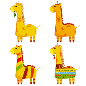 可爱的长颈鹿矢量集。集合在不同的姿势。有趣的字符集。卡通长颈鹿儿童风格
