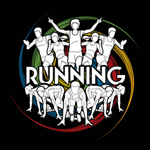 人跑，跑步者，马拉松跑步，团队工作跑步，一群人用文本跑步设计在旋转轮背景图形矢量上。