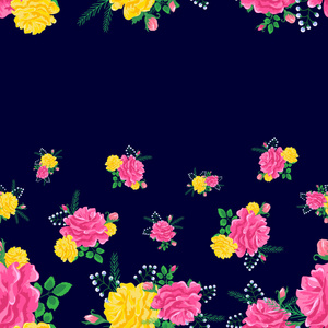 美丽的无缝图案与粉红色和黄色玫瑰在黑暗的背景。夏季病媒说明。印刷书籍封面，纺织品，织物，包装纸