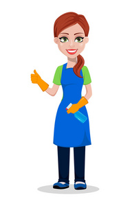 保洁公司员工统一着装..女卡通人物清洁与拇指向上手势和喷雾器。白底矢量图