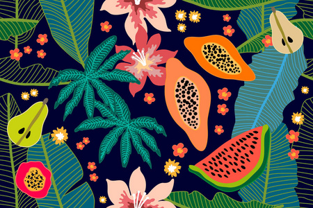 带热带水果和树叶的阔花图案