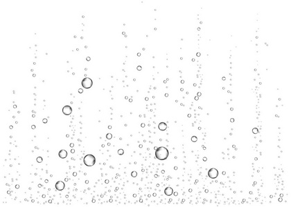 水下在白色背景上产生空气水或氧气泡。 泡腾饮料。 在海洋水族馆里闪闪发光。 香槟。 汽水汽水。 海底矢量纹理。