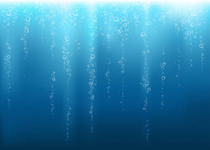 蓝色背景上的水下气泡或氧气泡。 在海洋水族馆里闪闪发光。 菲兹。 海底矢量纹理与阳光。