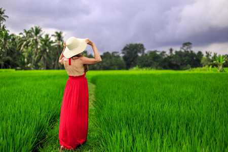 女孩步行在典型的亚洲山坡与水稻耕种, 山形状绿色梯级稻田梯田稻田.