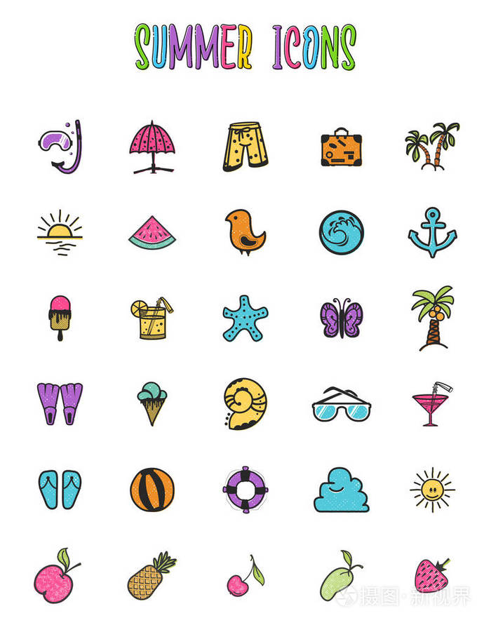 一套夏季彩色图标, 在卡通风格的涂鸦, 完全手工