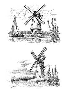 风车景观在复古复古手工画或雕刻风格上, 可用于生态烘焙标志麦田与旧建筑。农村有机农业生产。矢量插图