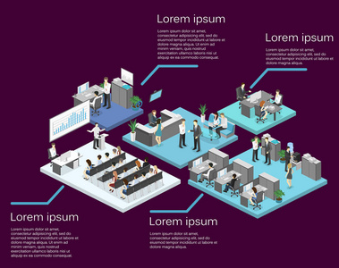 等距平面3D抽象办公楼层内部部门的概念。 会议厅办公室工作场所主任办公室室内矢量图